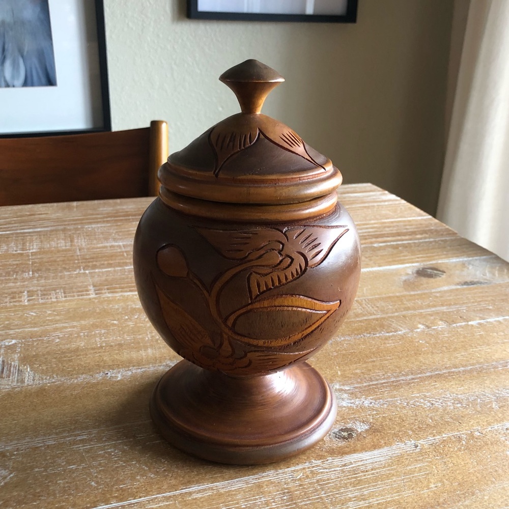 Vintage Floral Carved Footed Vessel Pot with Lid